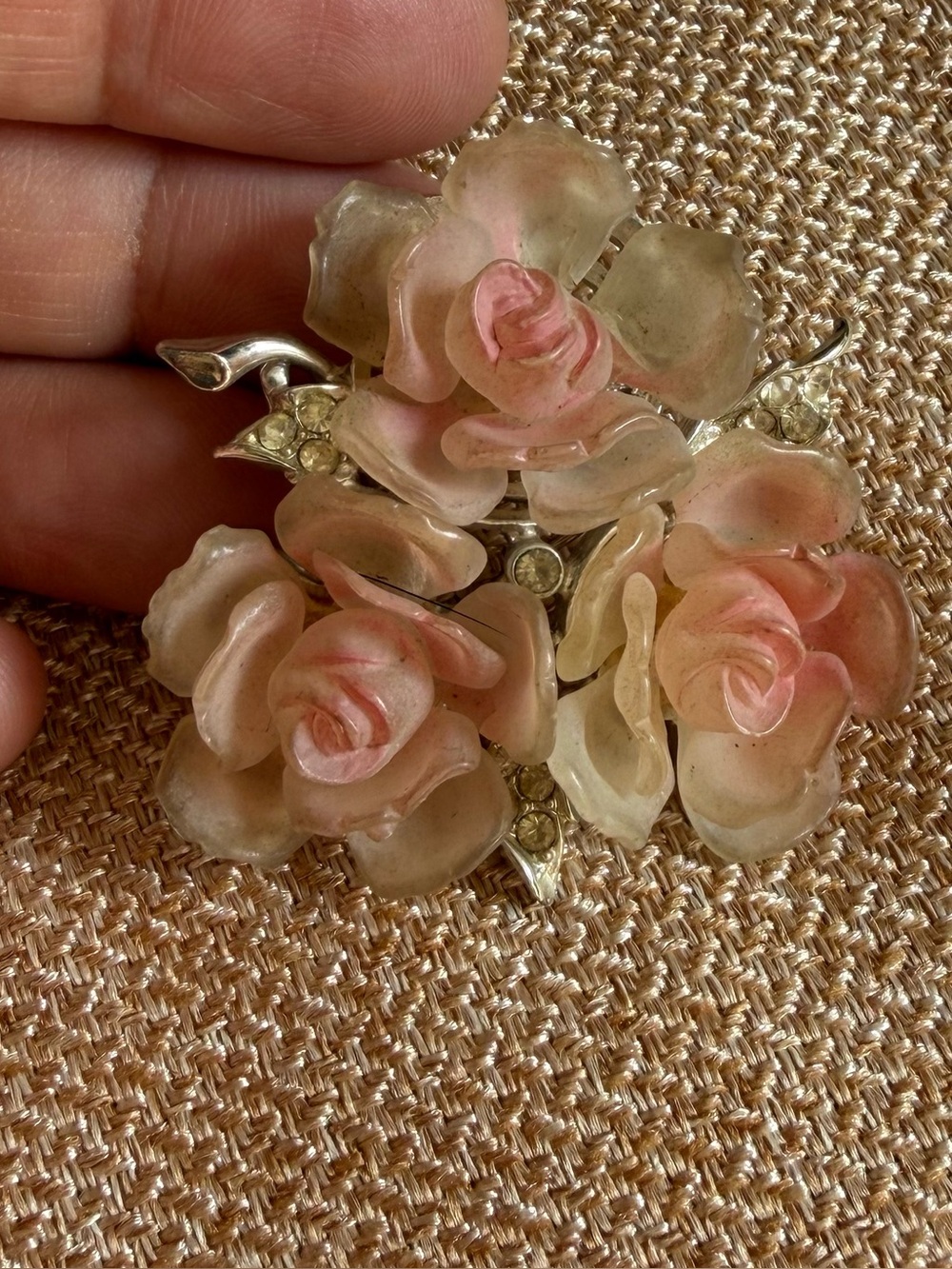 Vintage Pink Frosted Lucite Rose Flower Brooch Floral Bouquet Tone Pin Kramer